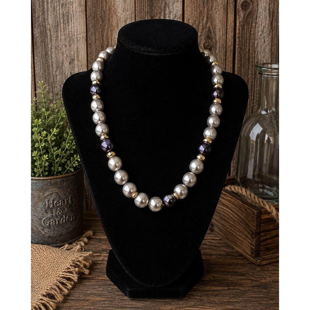 Napier Vintage Faux Pearl Necklace Silver Grey Purple Gold Tone Clasp 18 Inches